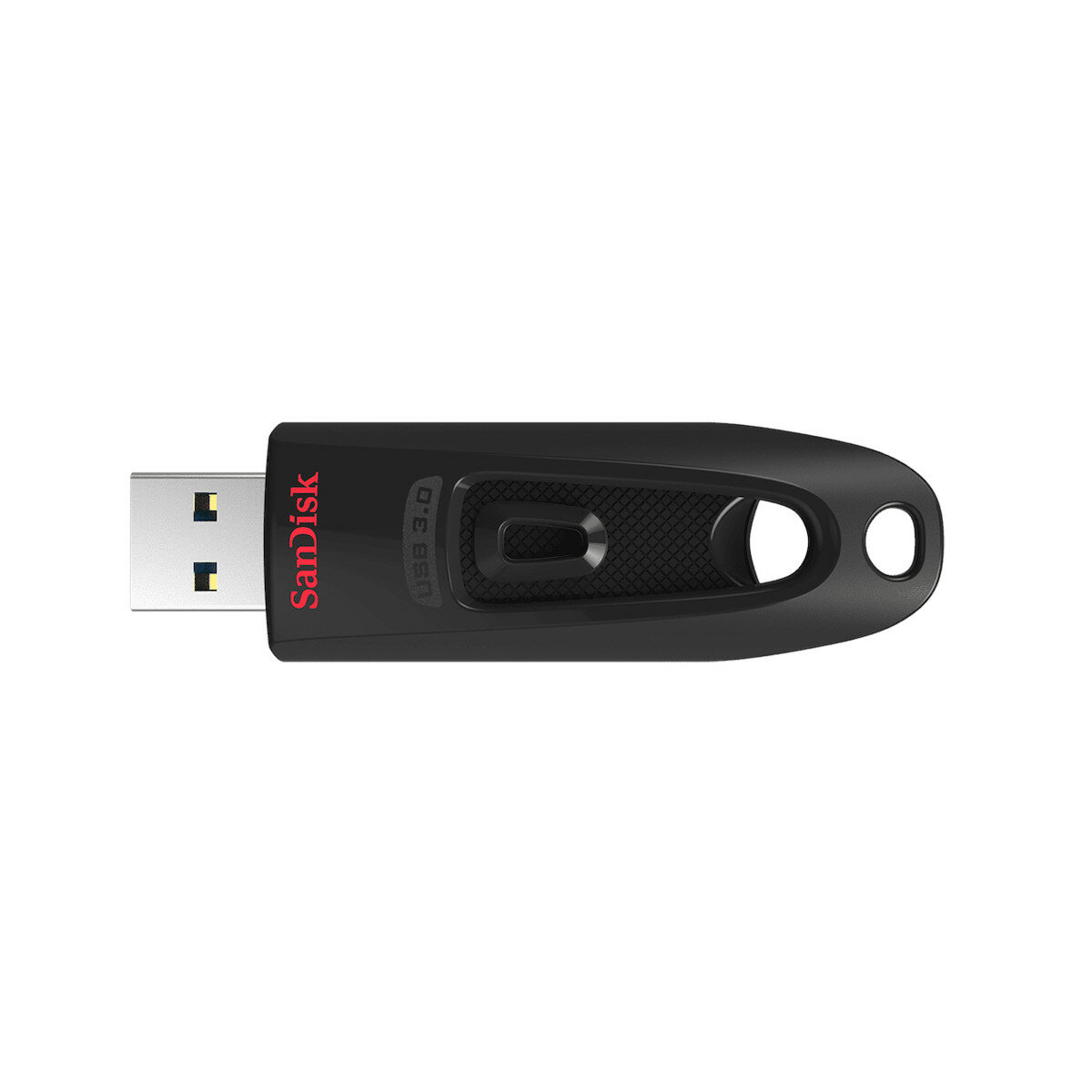 Pendrive SanDisk Ultra USB 3.0 256 GB widoczny z góry z wysuniętym złączem