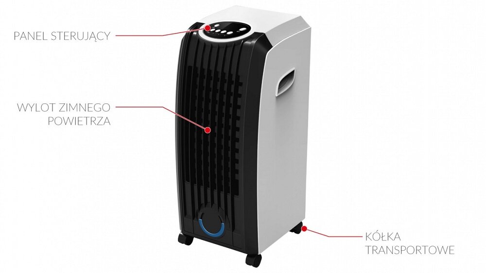 Klimator MPM MKL-01 60W   widok klimatora pod skosem z zaznaczeniem panelu sterowania, wylotu zimnego powietrza i kółek