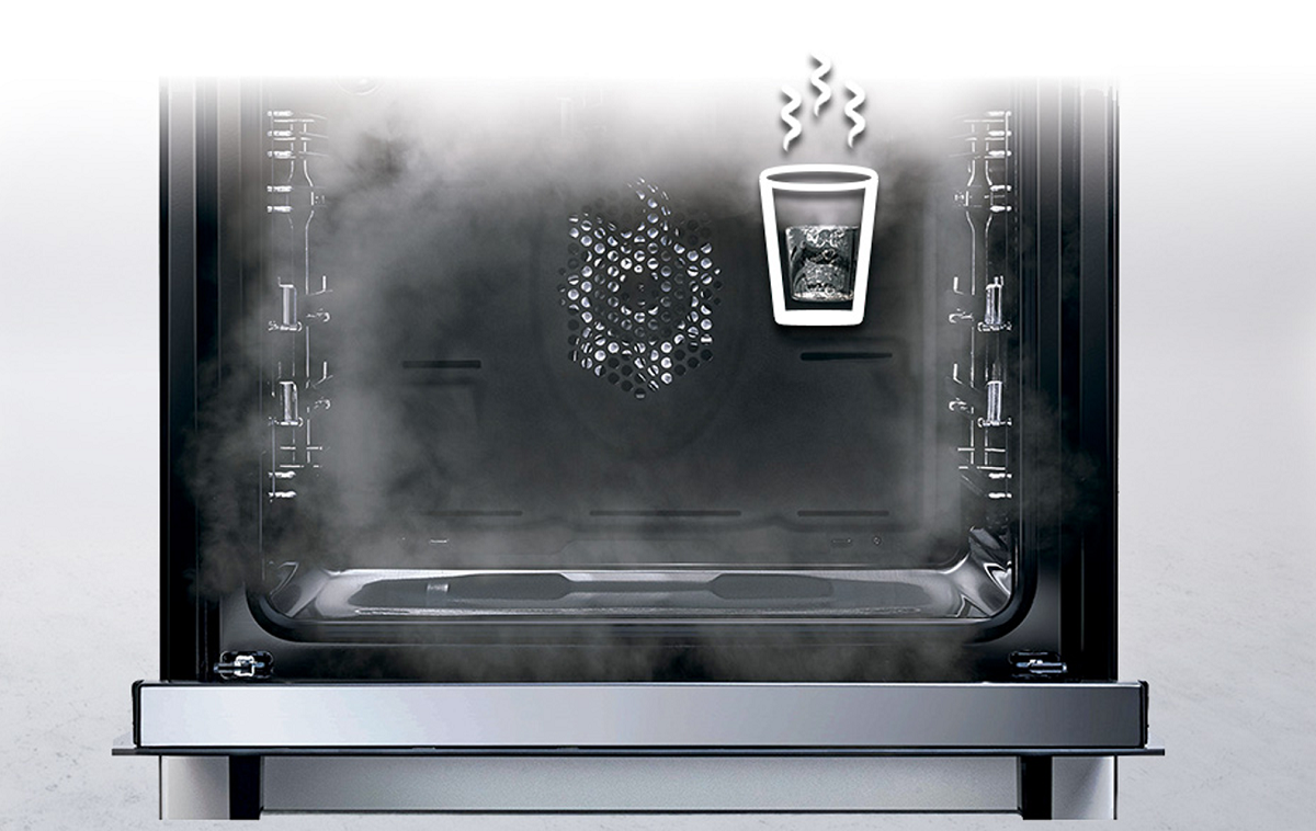 Kuchnia gazowo-elektryczna Beko FSE62120DX 60 cm widok na środek piekarnika, ikona ze szklanką wody