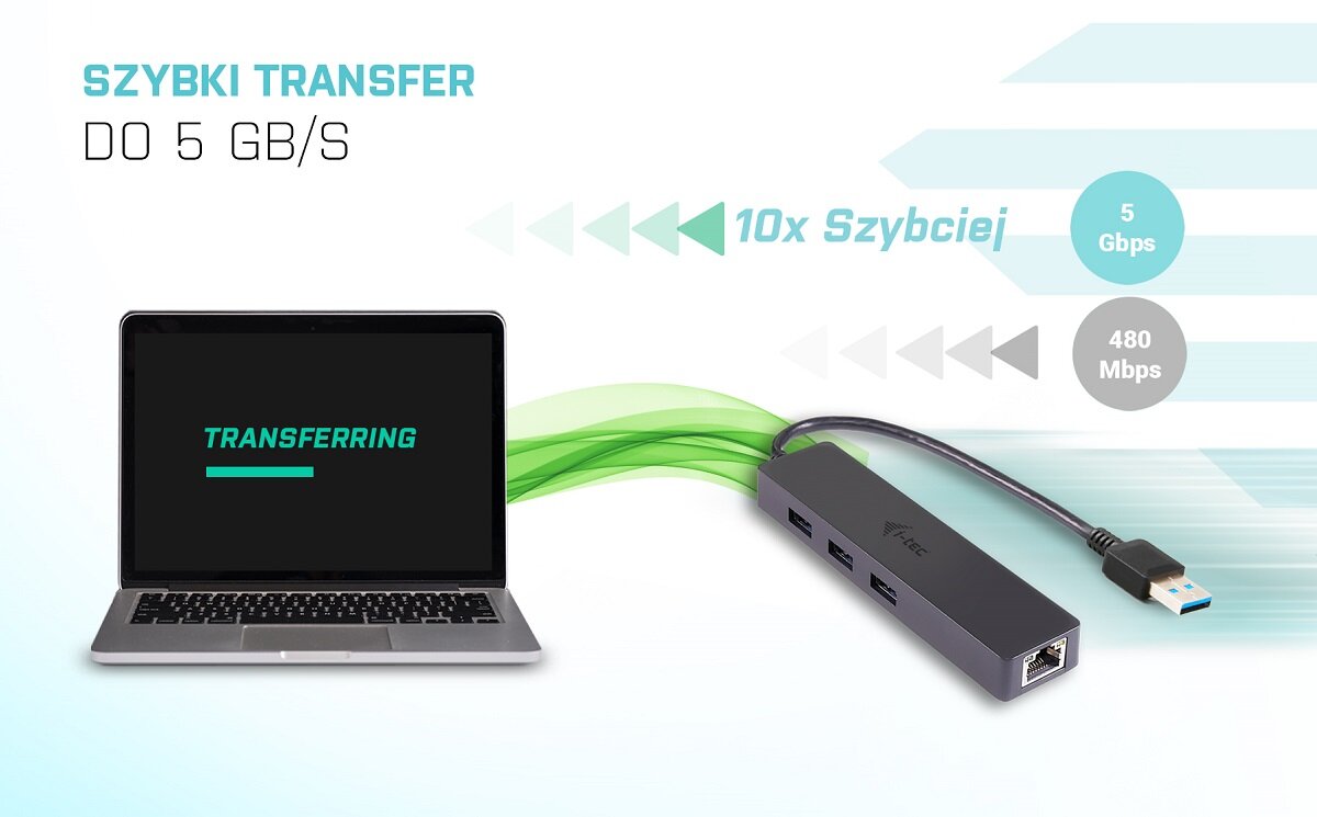 HUB i-tec USB 3.0 Slim HUB 3 Port i Gigabit Ethernet 10/100/1000 transfer danych pomiędzy laptopem a hubem