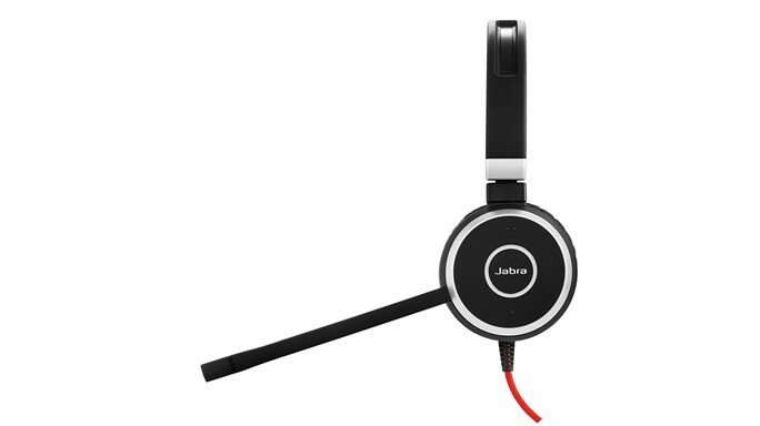 Zestaw słuchawkowy Jabra Evolve 40 Duo MS stereo monitor widok z boku z widocznym mikrofonem oraz kablem