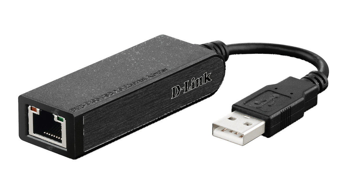 Adapter USB D-Link na Fast Ethernet DUB-E100 czarny adapter widziany z lewej strony od przodu