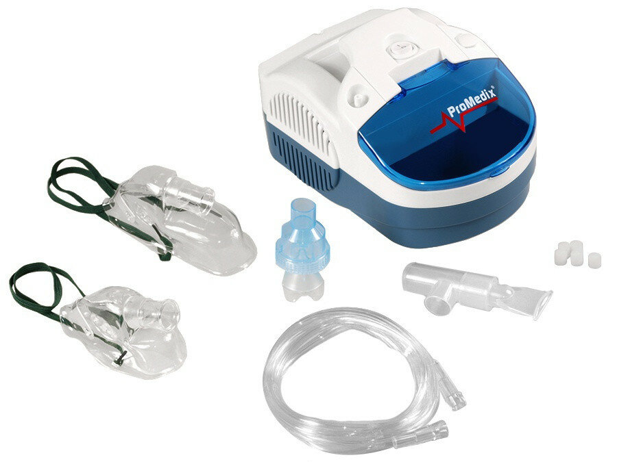 Inhalator kompresorowy ProMedix PR-800 biało-niebieski widok na urządzenie i akcesoria
