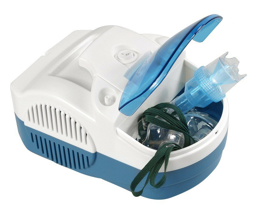 Inhalator kompresorowy ProMedix PR-800 biało-niebieski widoczny od przodu z otwartym pojemnikiem na akcesoria
