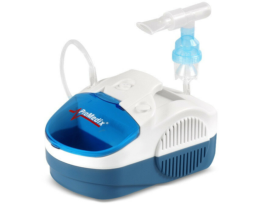 Inhalator kompresorowy ProMedix PR-800 biało-niebieski widoczny od przodu z zamontowanym ustnikiem