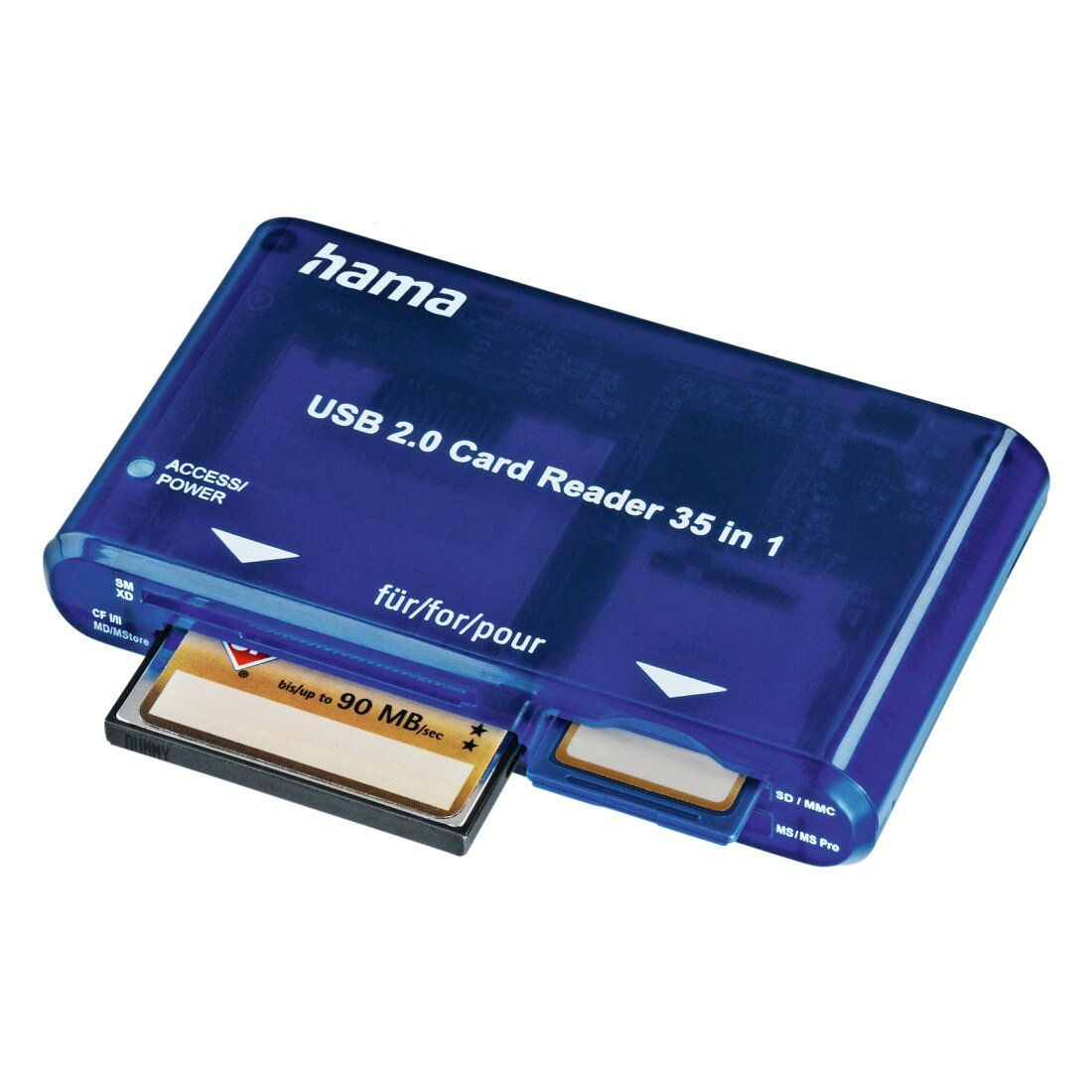 Czytnik kart pamieci Hama 55348 35w1 USB widoczny frontem pod skosem z kartą wewnątrz