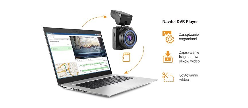 Wideorejestrator Navitel R600 Full HD obok laptopa z opisaną specyfikacją
