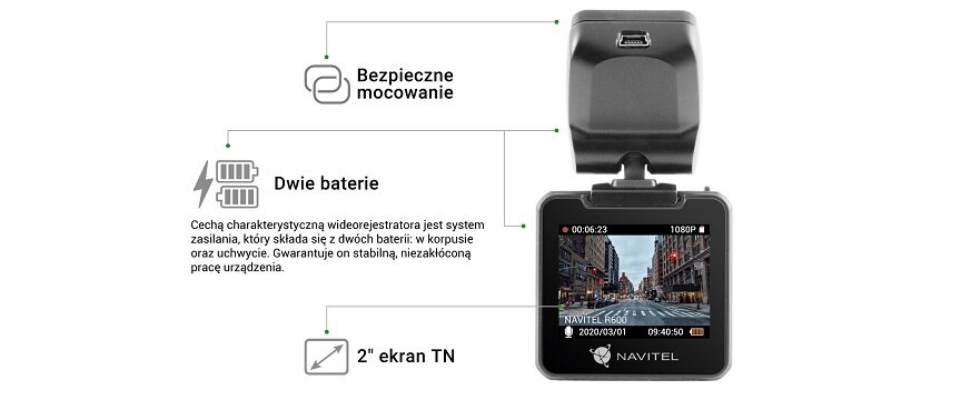 Wideorejestrator Navitel R600 Full HD z tyłu z opisaną specyfikacją