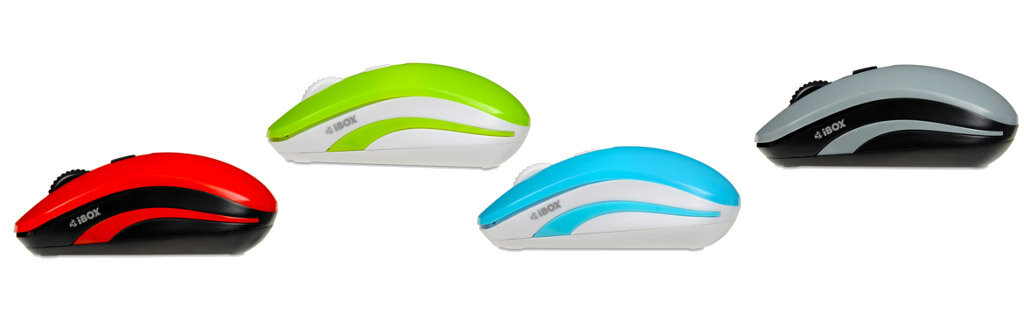 Mysz bezprzewodowa iBOX Loriini Pro optyczna zielona widok z boku myszek w czterech różnych kolorach
