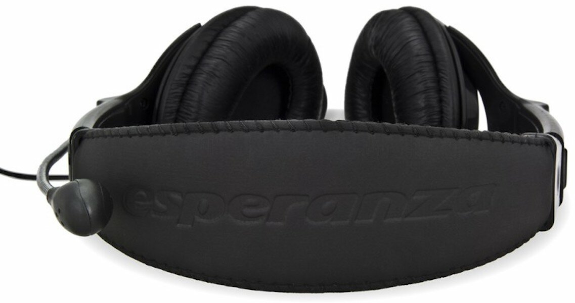 Słuchawki Esperanza EH101 stereo z mikrofonem i regulacją głośności widoczne z góry