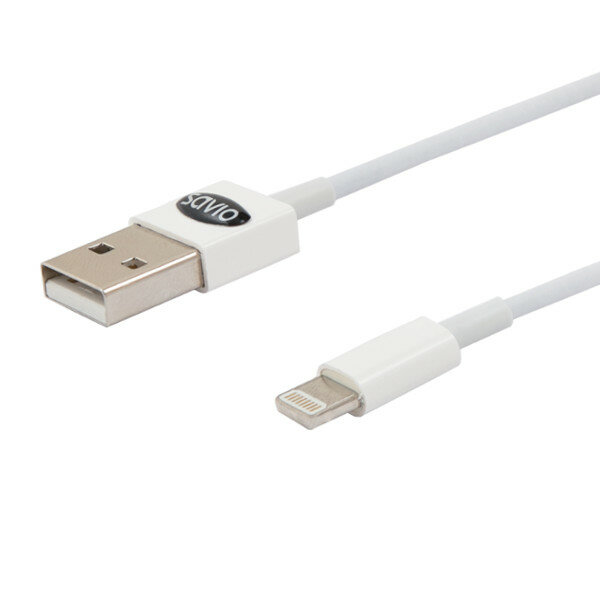 Kabel USB typu A (M) - lightning 8pin (M) SAVIO CL-64 1m biały zbliżenie na końcówki