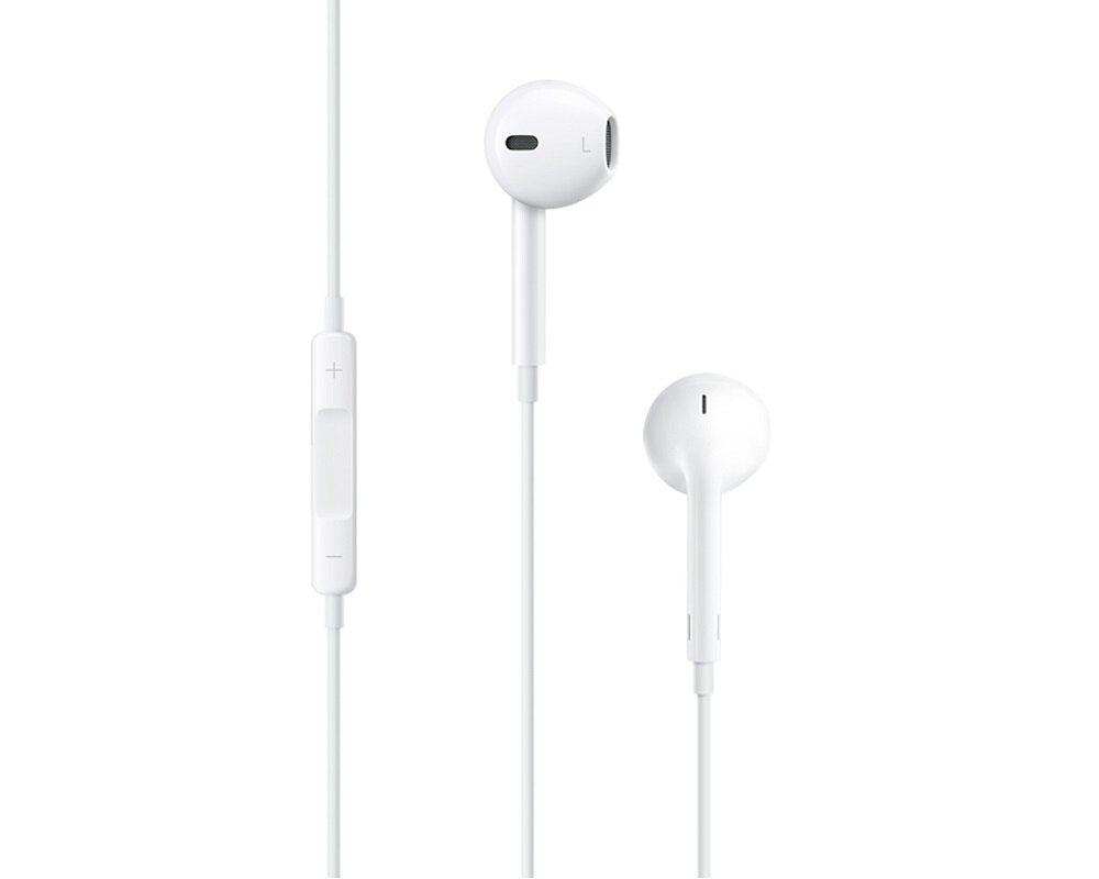 Słuchawki Apple EarPods MNHF2ZM/A widok na jedną słuchawkę od boku, drugą słuchawkę od tyłu i wbudowany pilot od frontu