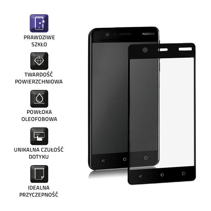 Szkło hartowane Qoltec Premium do Nokia 3 widok na szkło i telefon pod skosem oraz na ikony z cechami szkła