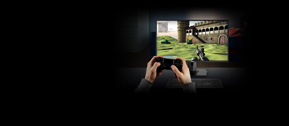 Monitor gamingowy ASUS VG278Q Full HD czarny widok od przodu na ekran podczas grania na konsoli Playstation 4