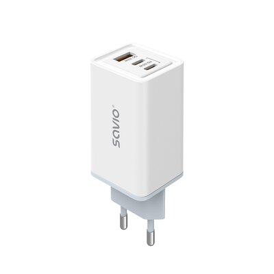 Ładowarka sieciowa GaN Savio LA-07, 1 x USB-A, 2 x USB-C, QC 4,0+, PD 3.0, 65W, biała