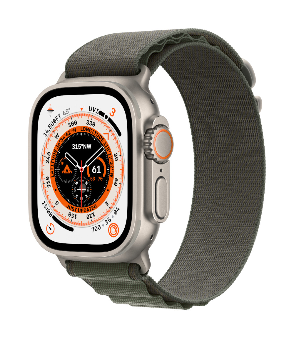 xyz - Apple Watch Ultra GPS + Cellular, 49mm Titanium Case with Green Alpine Loop - Small - abc