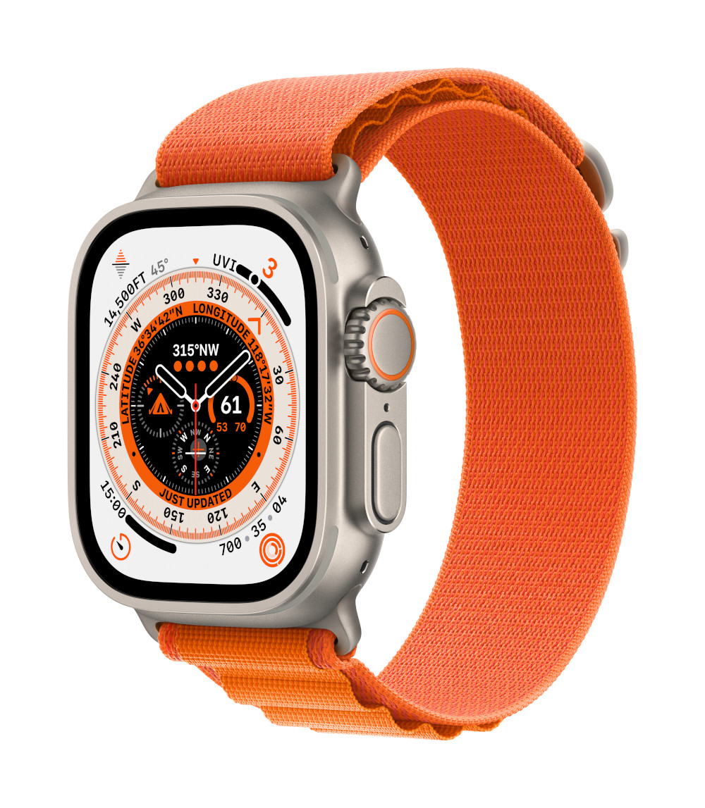 xyz - Apple Watch Ultra GPS + Cellular, 49mm Titanium Case with Orange Alpine Loop - Small - abc