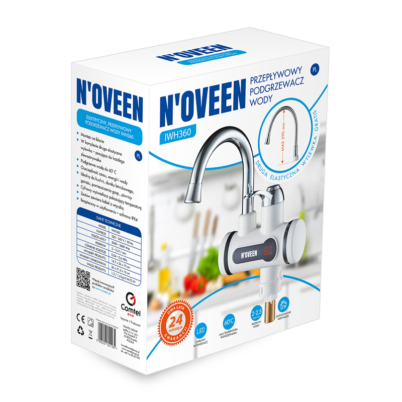 xyz - Przepływowy podgrzewacz wody NOVEEN IWH360 3000 – 3600W biało-czarny - abc