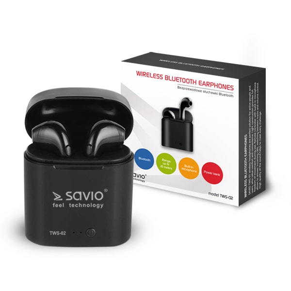 xyz - Słuchawki bezprzewodowe z mikrofonem Savio TWS-02 Bluetooth czarne - abc