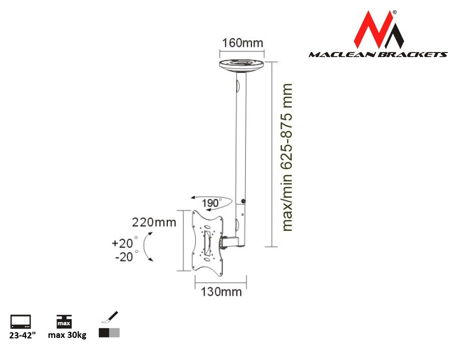 xyz - Maclean Uchwyt do telewizora sufitowy 23-42" 50 - 85 cm 30kg MC-504A B srebrny TV - abc