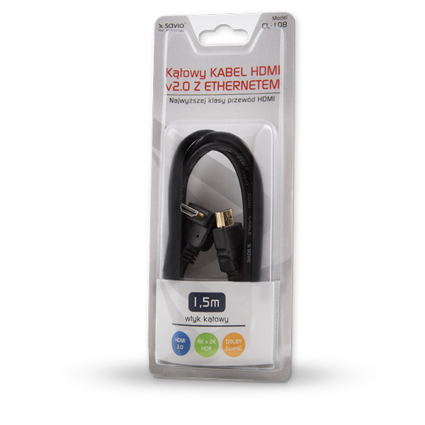 xyz - Kabel HDMI Kątowy Elmak SAVIO CL-108 v2.0, 3D, 4Kx2K, miedź, 1.5m Czarny - abc