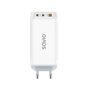 xyz - Ładowarka sieciowa GaN Savio LA-07, 1 x USB-A, 2 x USB-C, QC 4,0+, PD 3.0, 65W, biała - abc